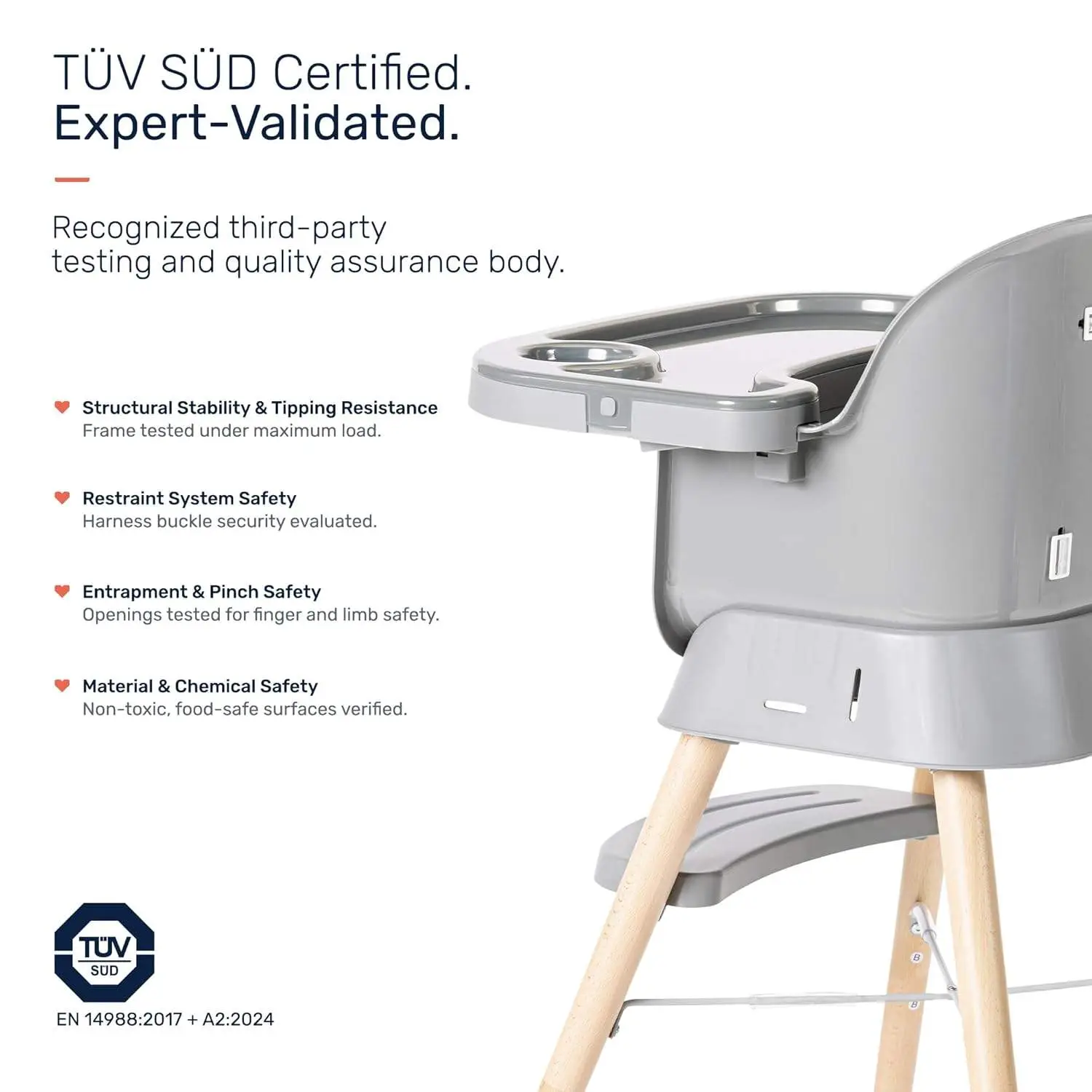 Growgether ORBIT 4-in-1 Baby High Chair with Solid Beechwood Legs | TÜV SÜD Certified Convertible Wooden Feeding Chair, Booster Seat & Toddler Stool (6-36M) | 5-Point Safety Harness, Dual-Layer PP Tray & Removable PU Cushion | 1 Year Warranty | Grey view 9