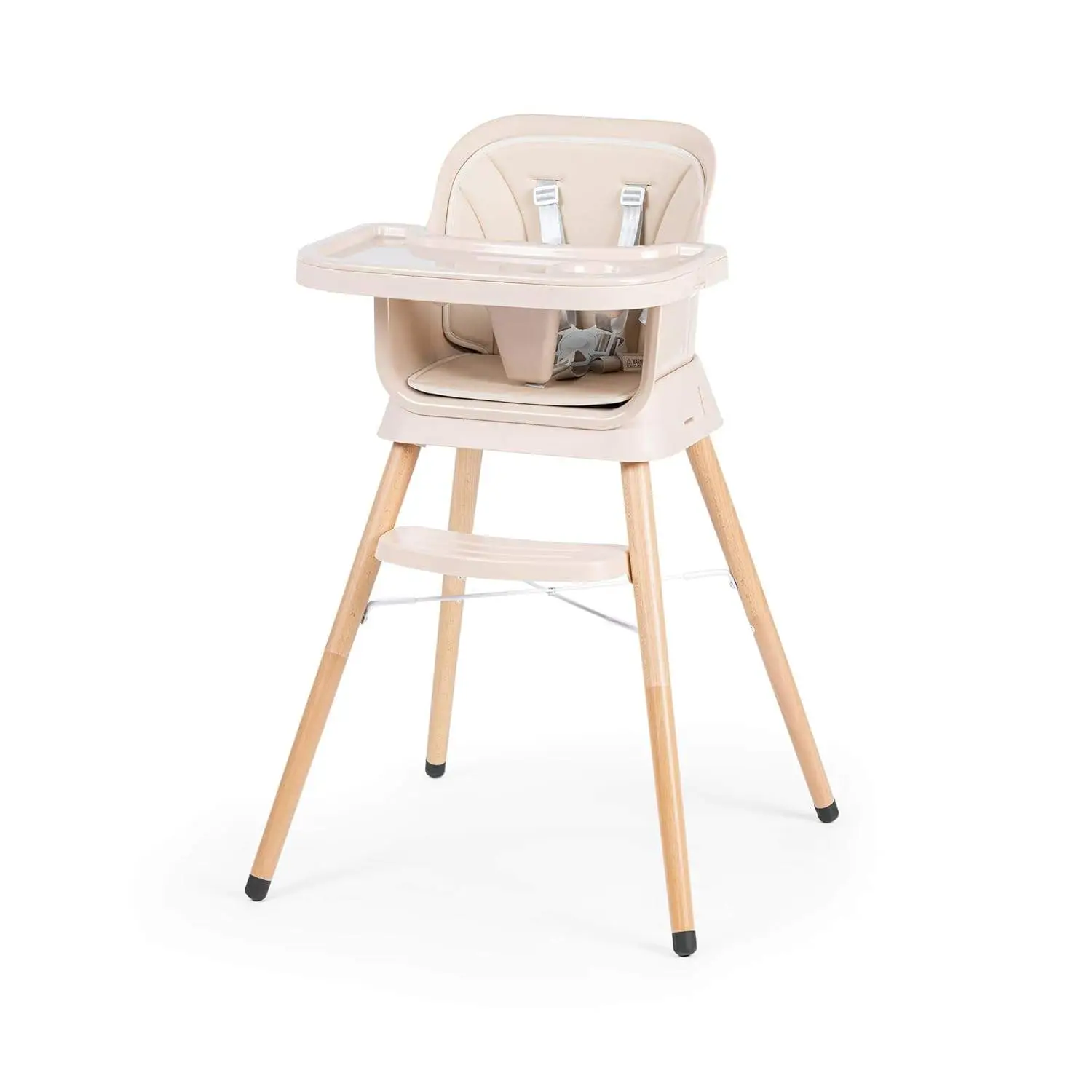 Growgether ORBIT 4-in-1 Baby High Chair with Solid Beechwood Legs | TÜV SÜD Certified Convertible Wooden Feeding Chair, Booster Seat & Toddler Stool (6-36M) | 5-Point Safety Harness, Dual-Layer PP Tray & Removable PU Cushion | 1 Year Warranty | Beige