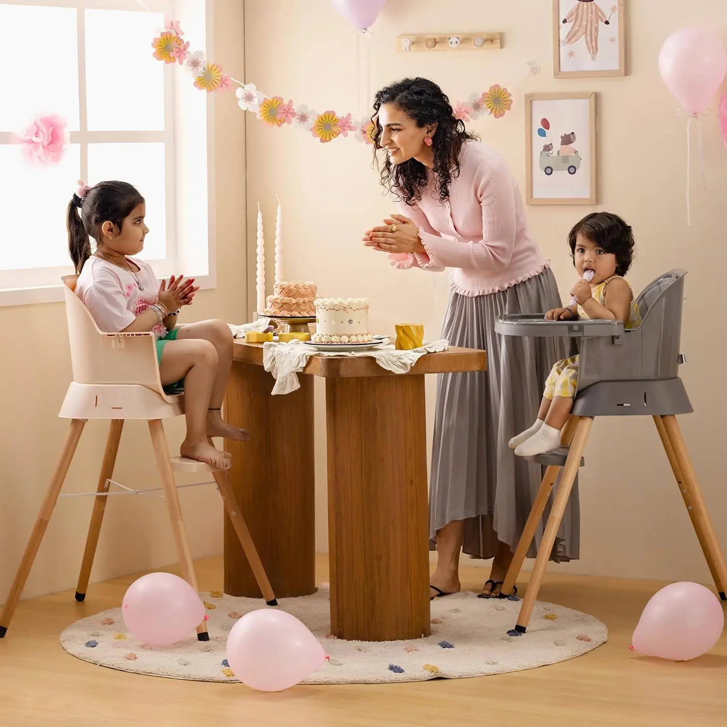 Growgether ORBIT 4-in-1 Baby High Chair with Solid Beechwood Legs | TÜV SÜD Certified Convertible Wooden Feeding Chair, Booster Seat & Toddler Stool (6-36M) | 5-Point Safety Harness, Dual-Layer PP Tray & Removable PU Cushion | 1 Year Warranty | Beige view 2