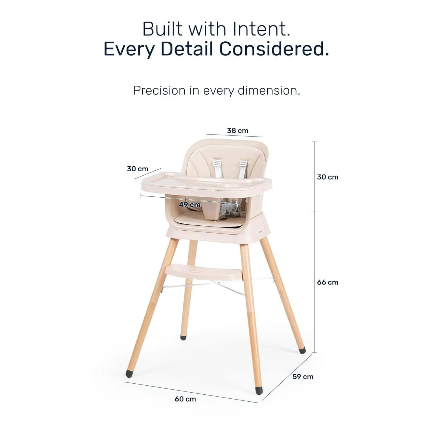 Growgether ORBIT 4-in-1 Baby High Chair with Solid Beechwood Legs | TÜV SÜD Certified Convertible Wooden Feeding Chair, Booster Seat & Toddler Stool (6-36M) | 5-Point Safety Harness, Dual-Layer PP Tray & Removable PU Cushion | 1 Year Warranty | Beige view 4