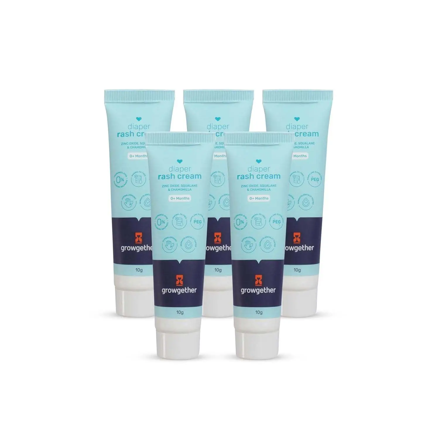 Growgether Diaper Rash Cream (10g) Baby Care Travel Combo, Zinc Oxide, Chamomile & Squalane Hypoallergenic, Fragrance Free, Dermatologist Tested - Pack of 5