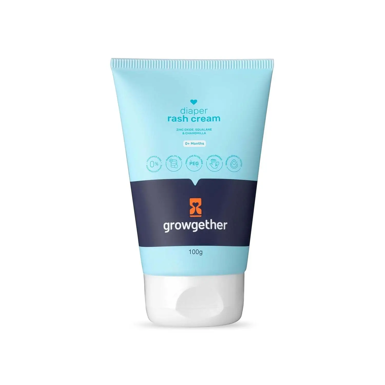 Growgether Baby Diaper Rash Cream | 3-in-1 Daily Protection with Zinc Oxide, Squalane & Chamomile | Fragrance-Free, Non-Toxic, Safe for Newborns & Toddlers | (100g) 0+ Months
