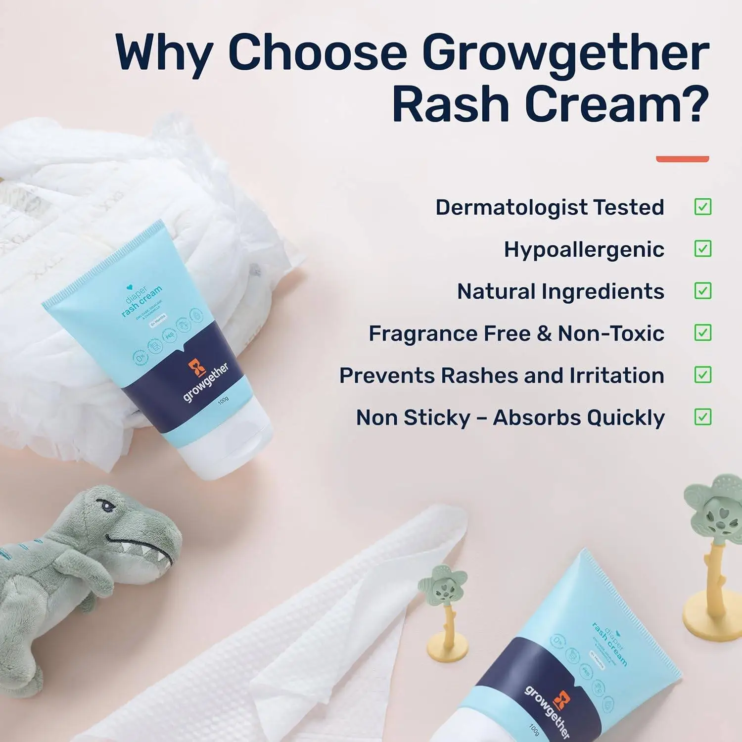 Growgether Baby Diaper Rash Cream | 3-in-1 Daily Protection with Zinc Oxide, Squalane & Chamomile | Fragrance-Free, Non-Toxic, Safe for Newborns & Toddlers | (100g) 0+ Months view 6