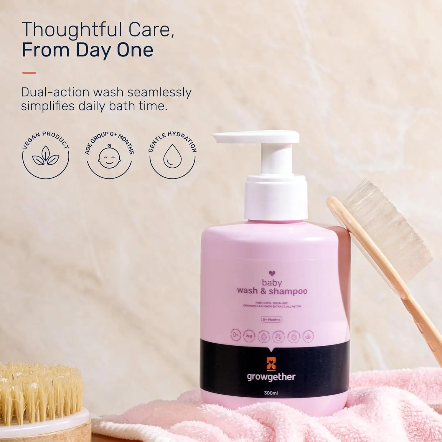 Growgether Baby Wash & Shampoo 300ml | No-Tears 2-in-1 Body Wash for Newborns & Infants 0+ Months | Dermatologist Tested, Pediatrician Approved, Hypoallergenic & Vegan | 9 Toxin-Free Formula view 2