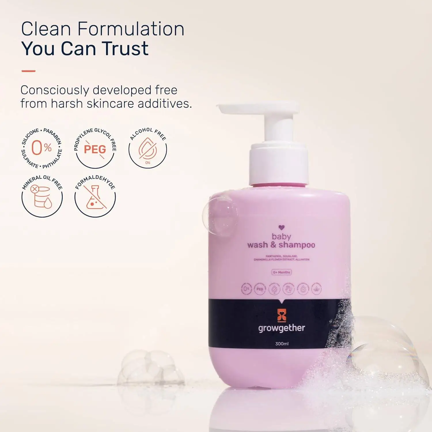 Growgether Baby Wash & Shampoo 300ml | No-Tears 2-in-1 Body Wash for Newborns & Infants 0+ Months | Dermatologist Tested, Pediatrician Approved, Hypoallergenic & Vegan | 9 Toxin-Free Formula view 5