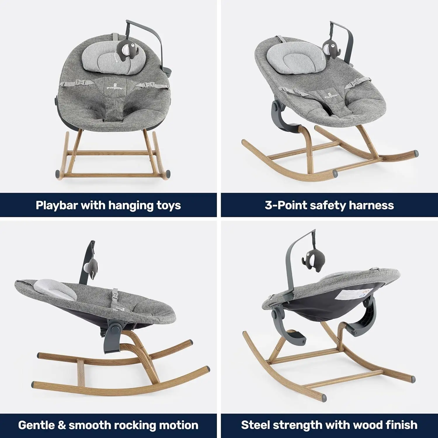 Nebula Baby Rocker | Soft Reclining Bouncer with Wood Finish | Modern Design, Gentle Motion, Washable Fabric | High Chair Compatible | TUV SUD Safety Certified (Newborn to 6 Months) 1 Year Warranty view 4