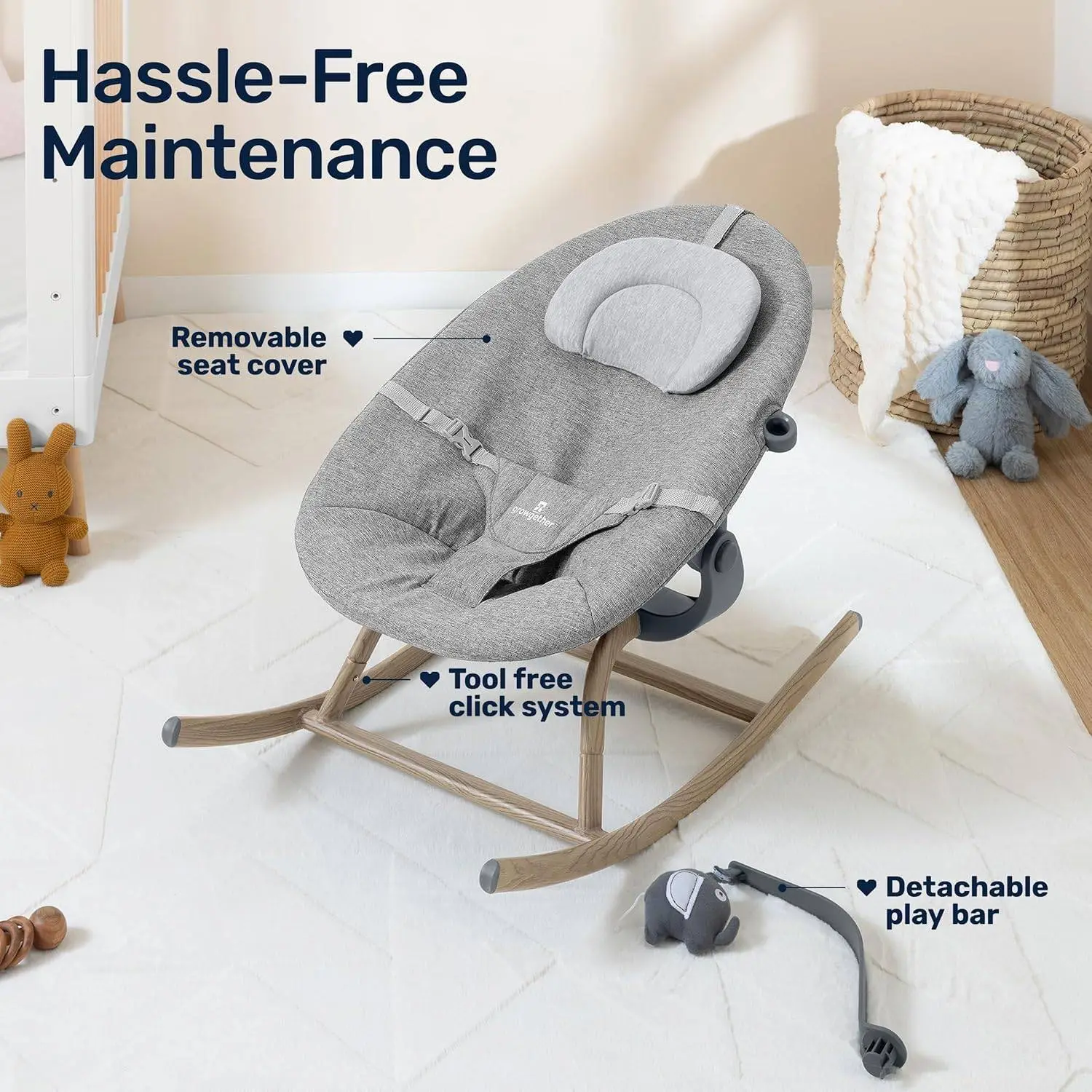 Nebula Baby Rocker | Soft Reclining Bouncer with Wood Finish | Modern Design, Gentle Motion, Washable Fabric | High Chair Compatible | TUV SUD Safety Certified (Newborn to 6 Months) 1 Year Warranty view 6