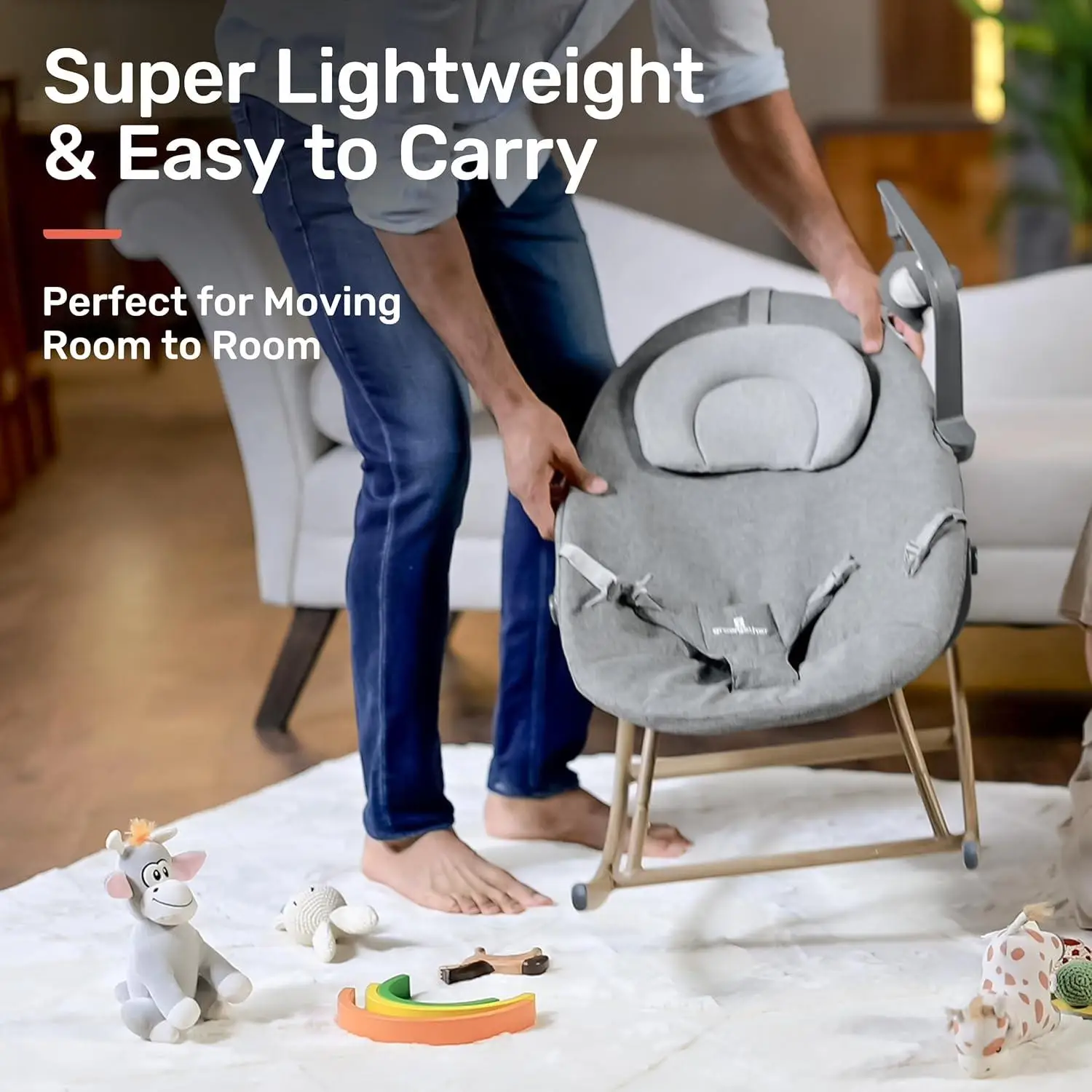 Nebula Baby Rocker | Soft Reclining Bouncer with Wood Finish | Modern Design, Gentle Motion, Washable Fabric | High Chair Compatible | TUV SUD Safety Certified (Newborn to 6 Months) 1 Year Warranty view 7