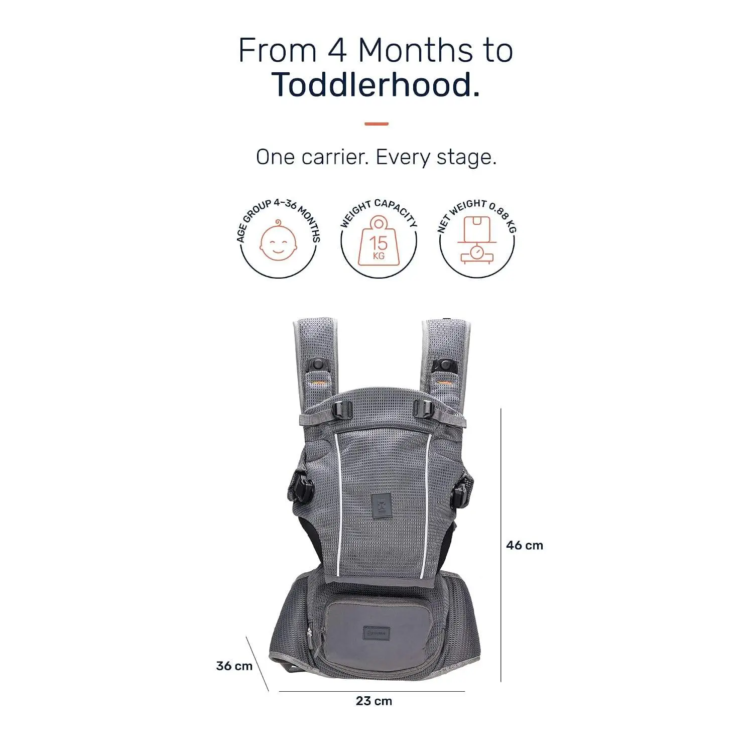 Growgether LYFTA 4-in-1 Baby Carrier with Hip Seat | EN13209 Certified | Magnetic Buckle | Breathable Soft Mesh | Adjustable Waistbelt & Straps | Sunhood & Storage Pocket | 4-36 Months (Up to 15 kg) (Grey) | 6 Months Warranty view 3