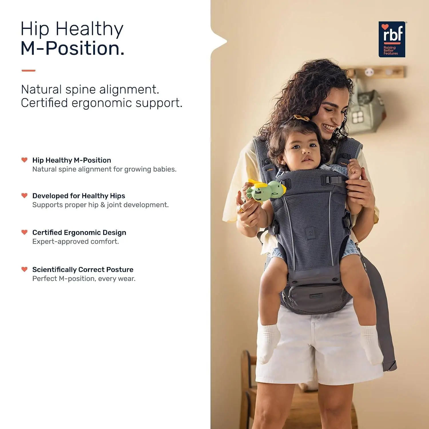 Growgether LYFTA 4-in-1 Baby Carrier with Hip Seat | EN13209 Certified | Magnetic Buckle | Breathable Soft Mesh | Adjustable Waistbelt & Straps | Sunhood & Storage Pocket | 4-36 Months (Up to 15 kg) (Grey) | 6 Months Warranty view 4