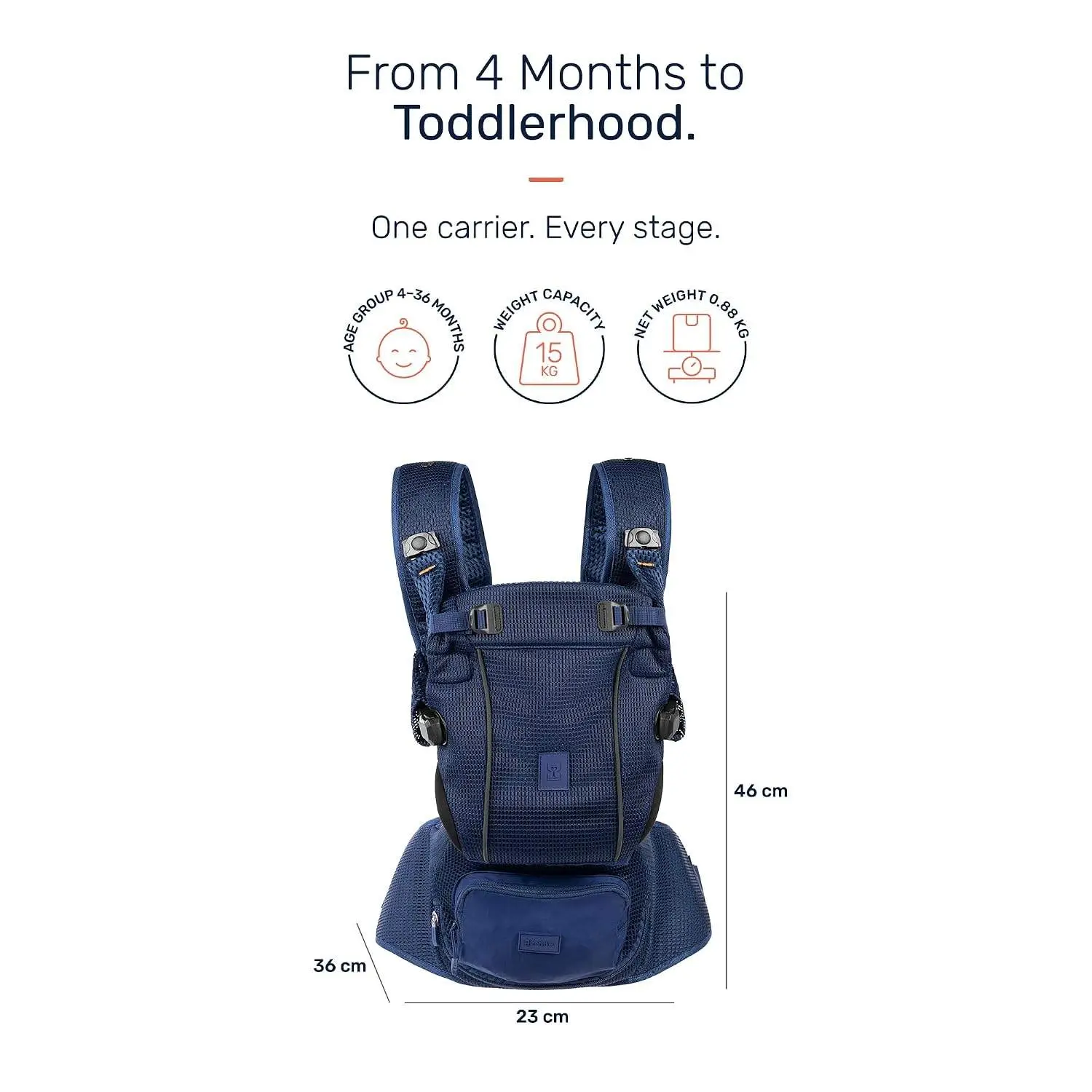 Growgether LYFTA 4-in-1 Baby Carrier with Hip Seat | EN13209 Certified | Magnetic Buckle | Breathable Soft Mesh | Adjustable Waistbelt & Straps | Sunhood & Storage Pocket | 4-36 Months (Up to 15 kg) - Navy | 6 Months Warranty view 3