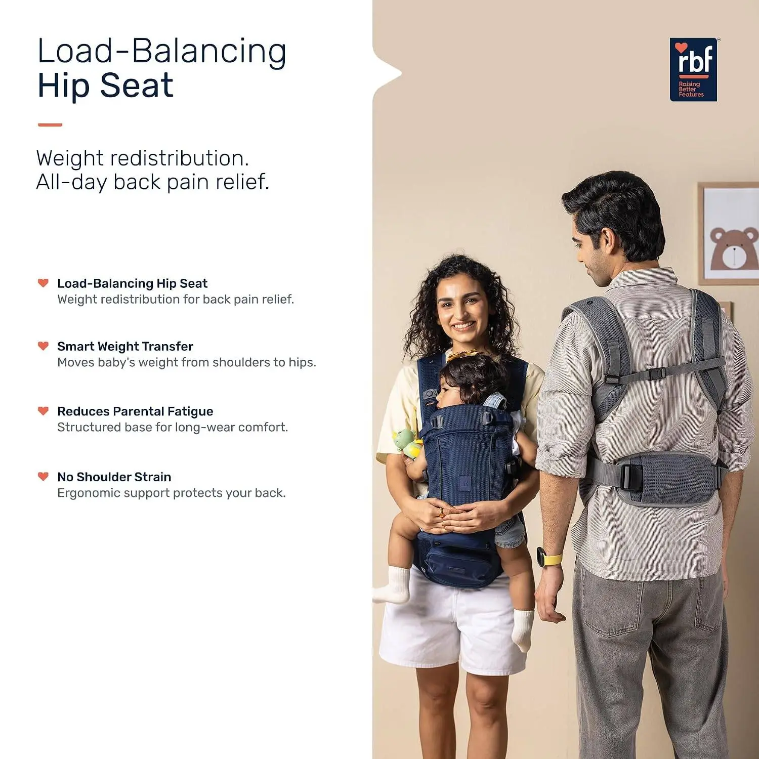 Growgether LYFTA 4-in-1 Baby Carrier with Hip Seat | EN13209 Certified | Magnetic Buckle | Breathable Soft Mesh | Adjustable Waistbelt & Straps | Sunhood & Storage Pocket | 4-36 Months (Up to 15 kg) - Navy | 6 Months Warranty view 9