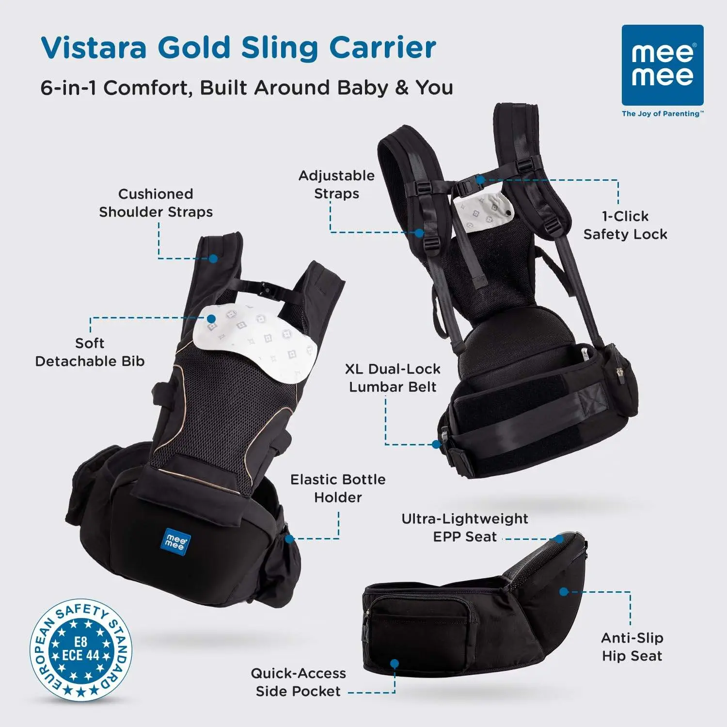 Mee Mee Vistara Gold 6-in-1 Baby Sling Carrier with Hip Seat | Ergonomic Lumbar Support | Premium Gold Finish | Breathable Mesh Fabric | Adjustable & Secure for Newborns to Toddlers (Up to 15 kg, Black view 3