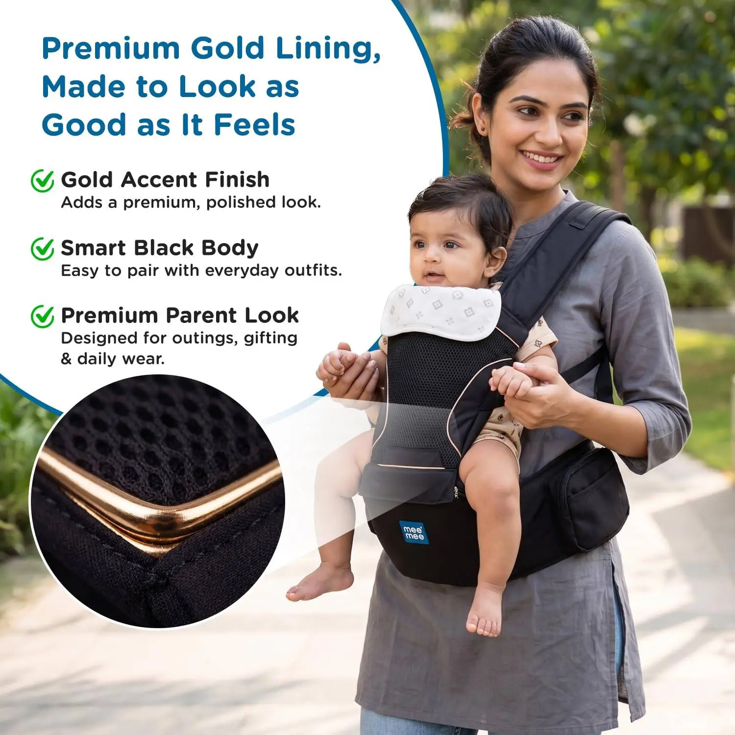 Mee Mee Vistara Gold 6-in-1 Baby Sling Carrier with Hip Seat | Ergonomic Lumbar Support | Premium Gold Finish | Breathable Mesh Fabric | Adjustable & Secure for Newborns to Toddlers (Up to 15 kg, Black view 4