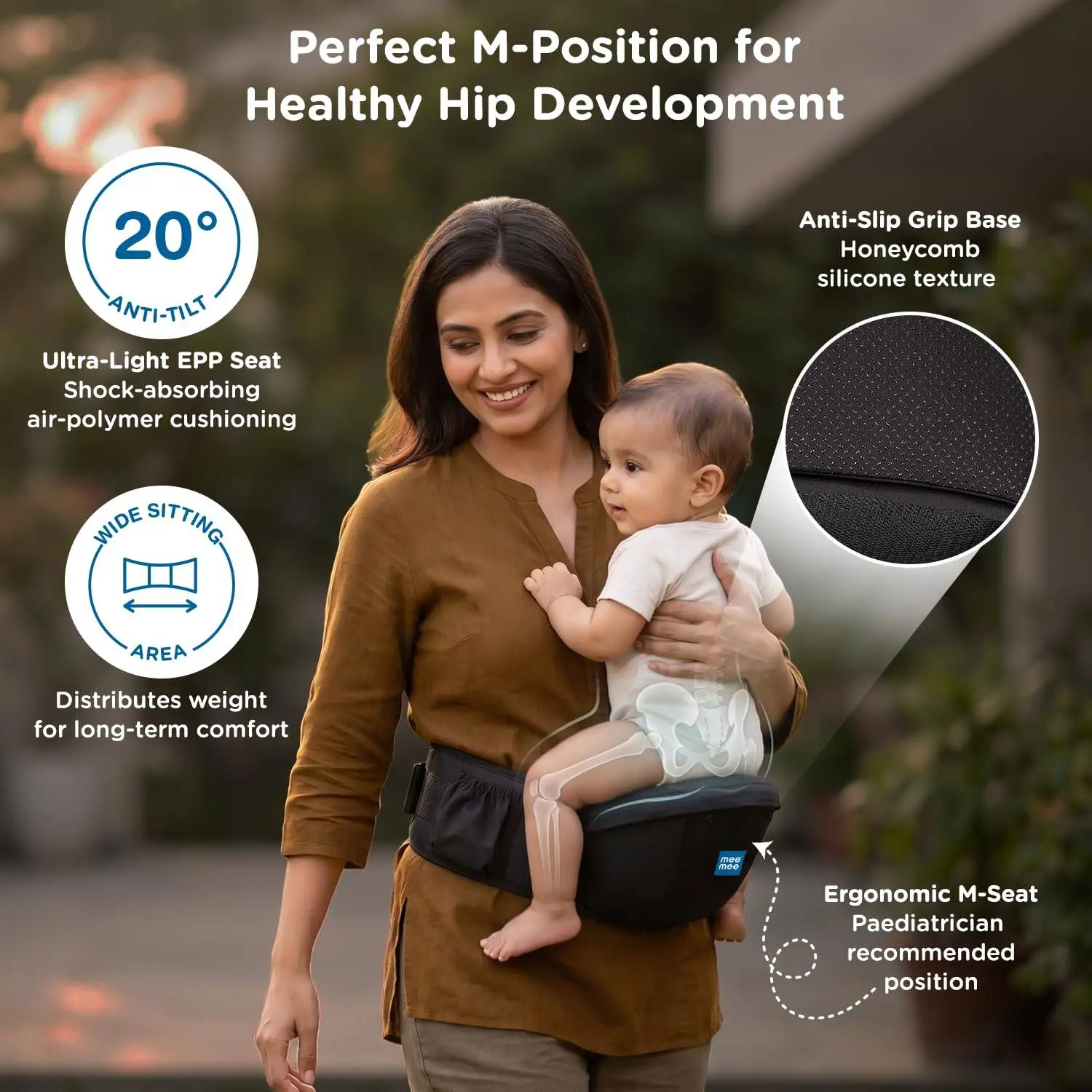 Mee Mee Vistara Gold 6-in-1 Baby Sling Carrier with Hip Seat | Ergonomic Lumbar Support | Premium Gold Finish | Breathable Mesh Fabric | Adjustable & Secure for Newborns to Toddlers (Up to 15 kg, Black view 5
