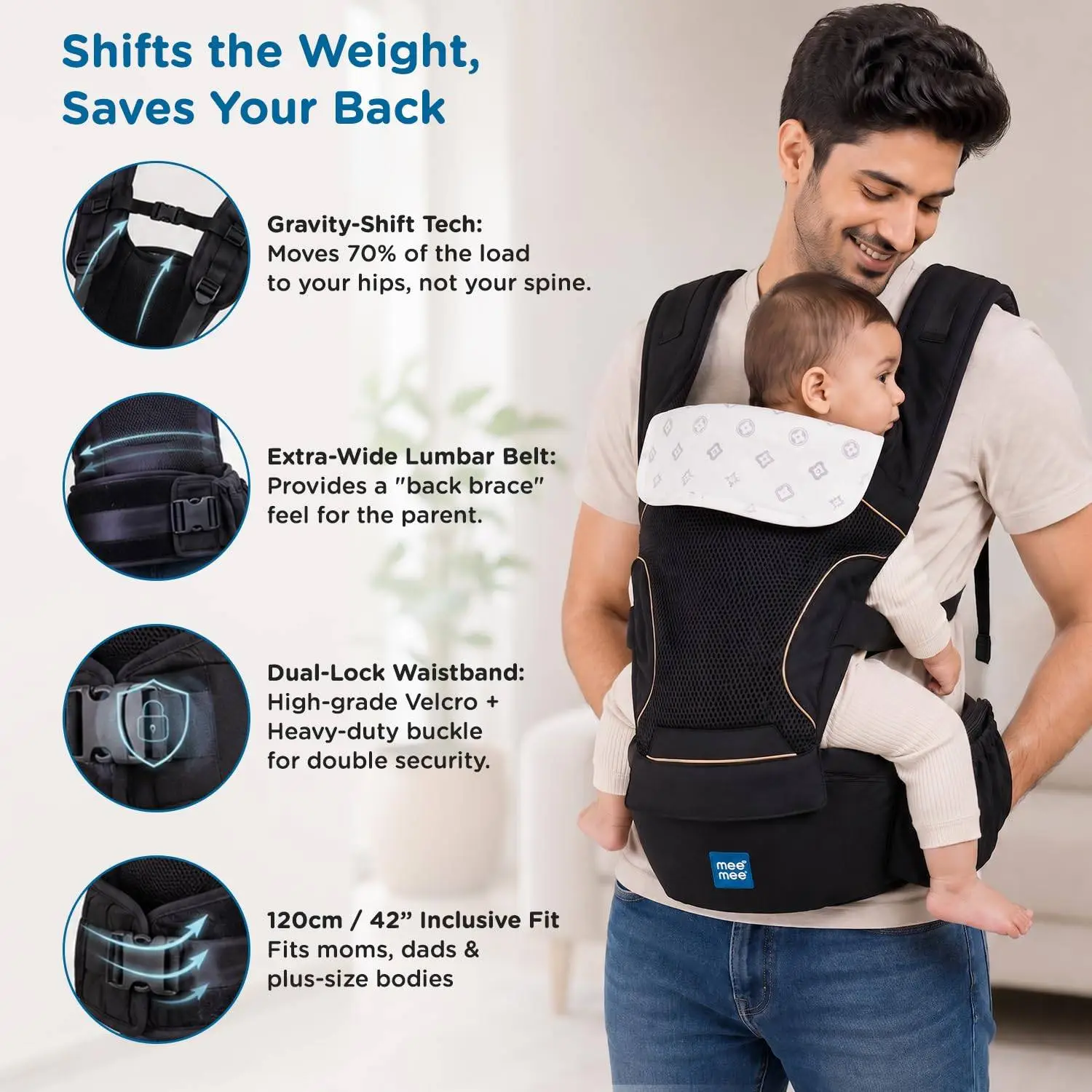 Mee Mee Vistara Gold 6-in-1 Baby Sling Carrier with Hip Seat | Ergonomic Lumbar Support | Premium Gold Finish | Breathable Mesh Fabric | Adjustable & Secure for Newborns to Toddlers (Up to 15 kg, Black view 6
