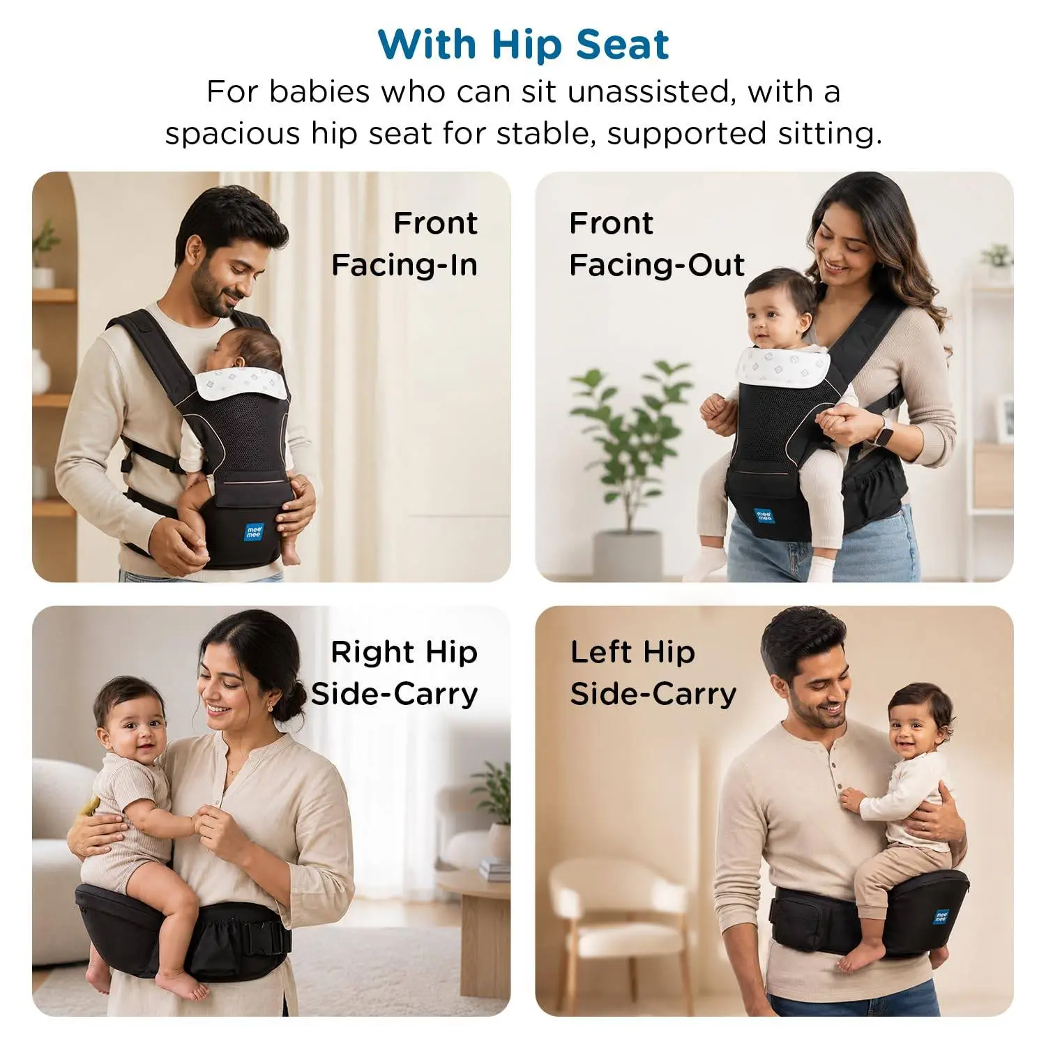 Mee Mee Vistara Gold 6-in-1 Baby Sling Carrier with Hip Seat | Ergonomic Lumbar Support | Premium Gold Finish | Breathable Mesh Fabric | Adjustable & Secure for Newborns to Toddlers (Up to 15 kg, Black view 7
