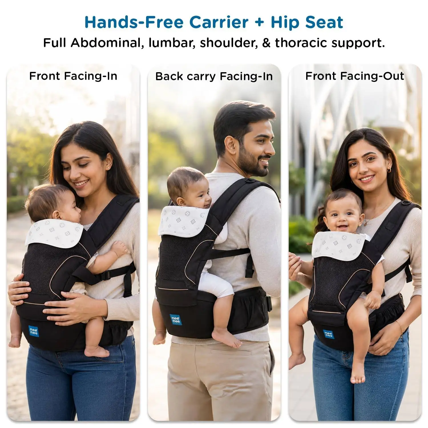 Mee Mee Vistara Gold 6-in-1 Baby Sling Carrier with Hip Seat | Ergonomic Lumbar Support | Premium Gold Finish | Breathable Mesh Fabric | Adjustable & Secure for Newborns to Toddlers (Up to 15 kg, Black view 8