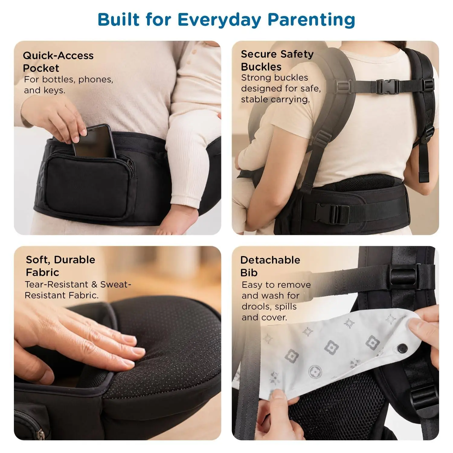 Mee Mee Vistara Gold 6-in-1 Baby Sling Carrier with Hip Seat | Ergonomic Lumbar Support | Premium Gold Finish | Breathable Mesh Fabric | Adjustable & Secure for Newborns to Toddlers (Up to 15 kg, Black view 9