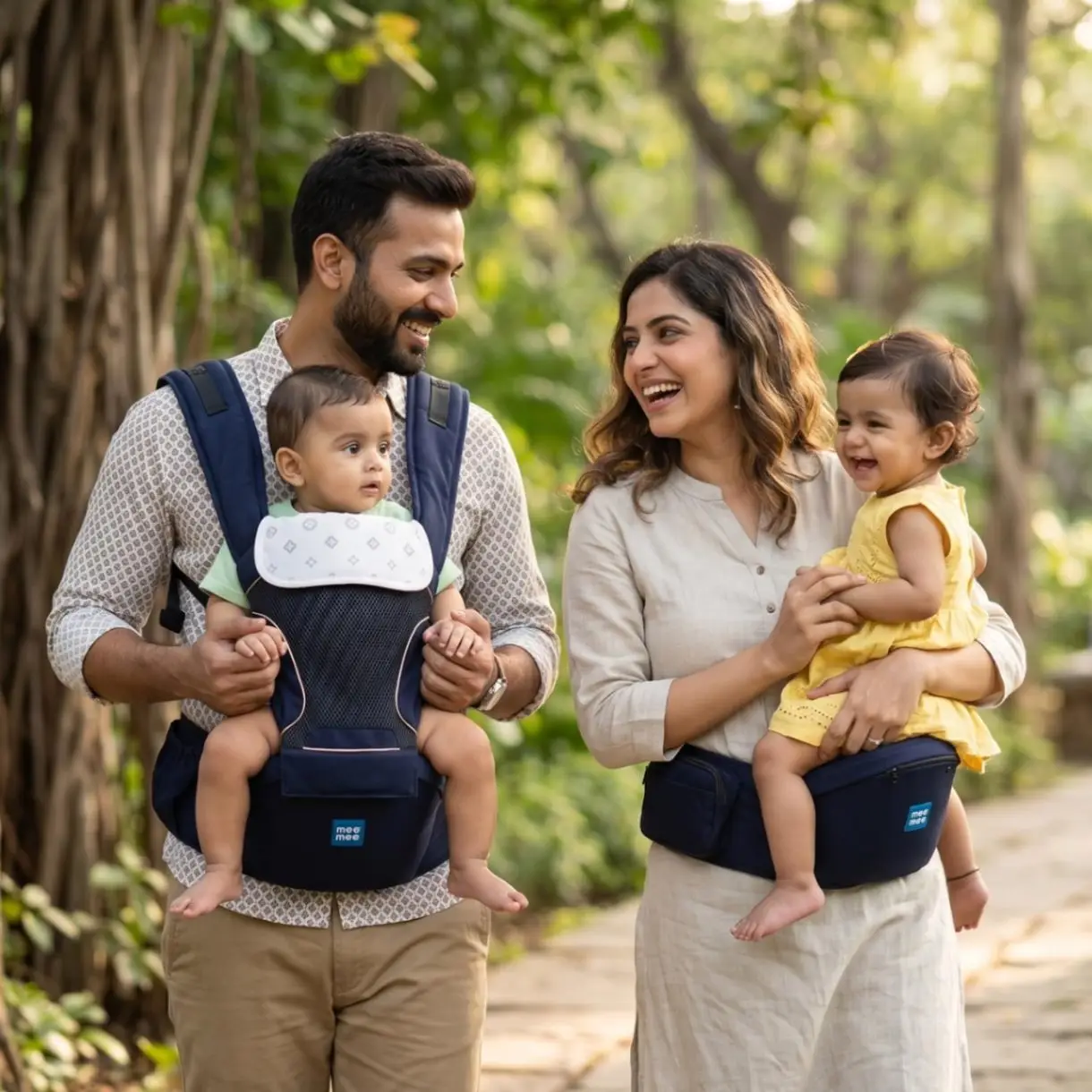 Mee Mee Vistara Gold 6-in-1 Baby Sling Carrier with Hip Seat | Ergonomic Lumbar Support | Premium Gold Finish | Breathable Mesh Fabric | Adjustable & Secure for Newborns to Toddlers (Up to 15 kg, Darkblue)