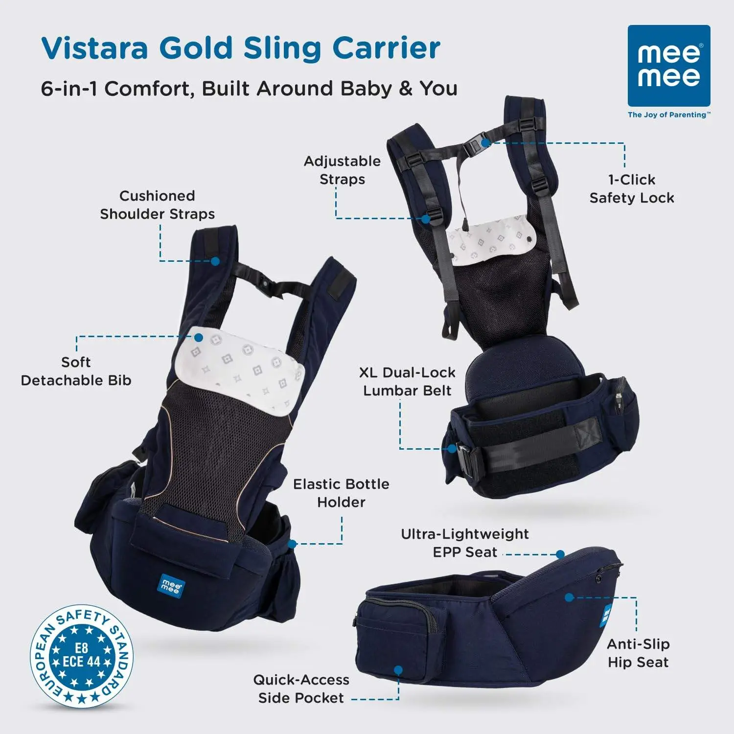 Mee Mee Vistara Gold 6-in-1 Baby Sling Carrier with Hip Seat | Ergonomic Lumbar Support | Premium Gold Finish | Breathable Mesh Fabric | Adjustable & Secure for Newborns to Toddlers (Up to 15 kg, Darkblue) view 2
