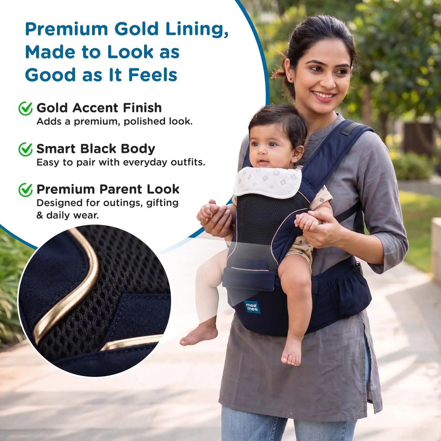 Mee Mee Vistara Gold 6-in-1 Baby Sling Carrier with Hip Seat | Ergonomic Lumbar Support | Premium Gold Finish | Breathable Mesh Fabric | Adjustable & Secure for Newborns to Toddlers (Up to 15 kg, Darkblue) view 3