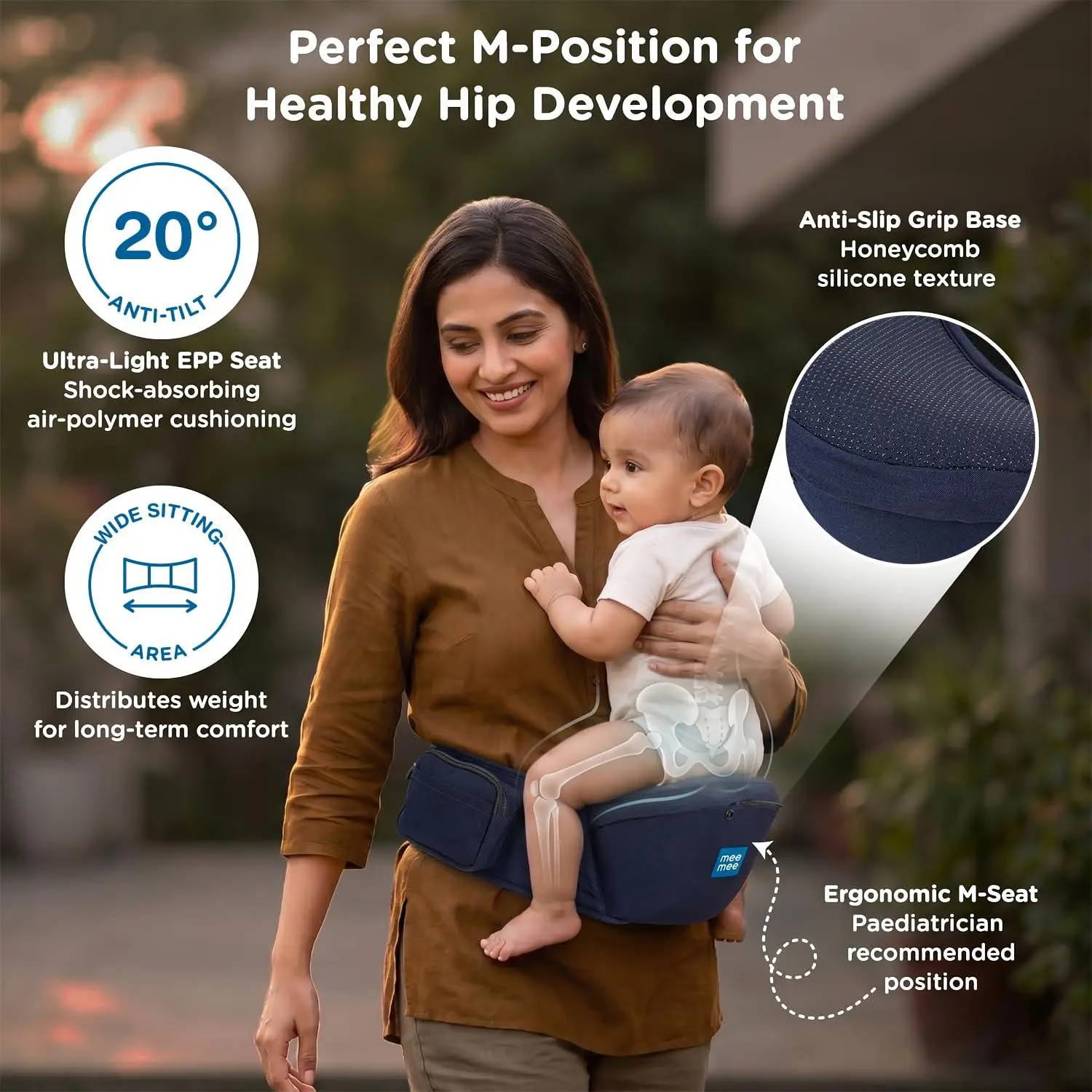 Mee Mee Vistara Gold 6-in-1 Baby Sling Carrier with Hip Seat | Ergonomic Lumbar Support | Premium Gold Finish | Breathable Mesh Fabric | Adjustable & Secure for Newborns to Toddlers (Up to 15 kg, Darkblue) view 4