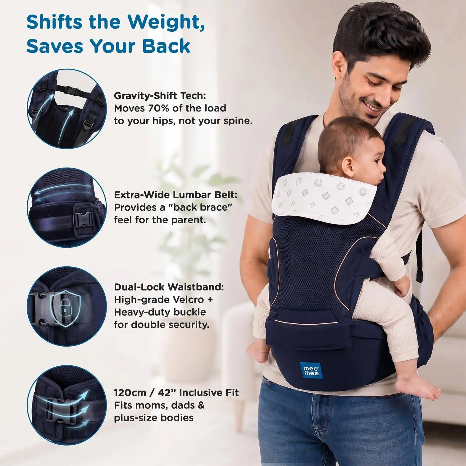 Mee Mee Vistara Gold 6-in-1 Baby Sling Carrier with Hip Seat | Ergonomic Lumbar Support | Premium Gold Finish | Breathable Mesh Fabric | Adjustable & Secure for Newborns to Toddlers (Up to 15 kg, Darkblue) view 5