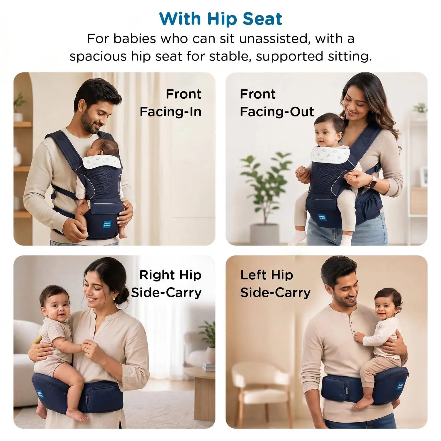 Mee Mee Vistara Gold 6-in-1 Baby Sling Carrier with Hip Seat | Ergonomic Lumbar Support | Premium Gold Finish | Breathable Mesh Fabric | Adjustable & Secure for Newborns to Toddlers (Up to 15 kg, Darkblue) view 6