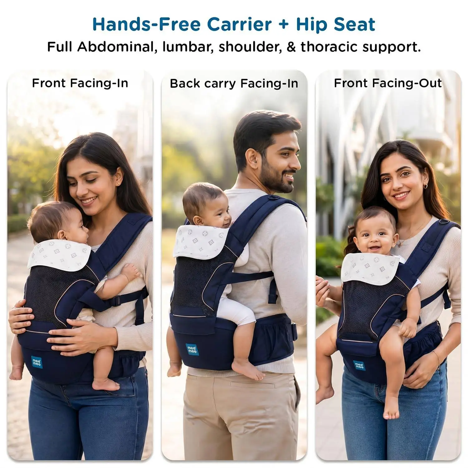 Mee Mee Vistara Gold 6-in-1 Baby Sling Carrier with Hip Seat | Ergonomic Lumbar Support | Premium Gold Finish | Breathable Mesh Fabric | Adjustable & Secure for Newborns to Toddlers (Up to 15 kg, Darkblue) view 7