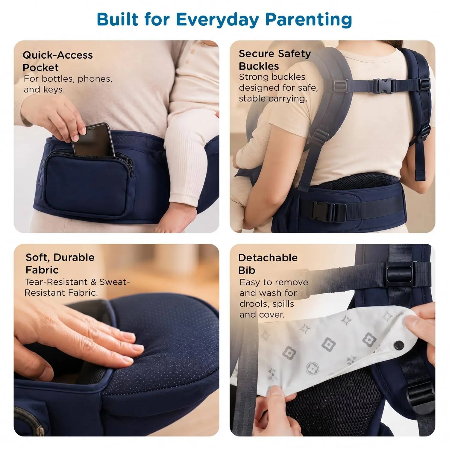 Mee Mee Vistara Gold 6-in-1 Baby Sling Carrier with Hip Seat | Ergonomic Lumbar Support | Premium Gold Finish | Breathable Mesh Fabric | Adjustable & Secure for Newborns to Toddlers (Up to 15 kg, Darkblue) view 8