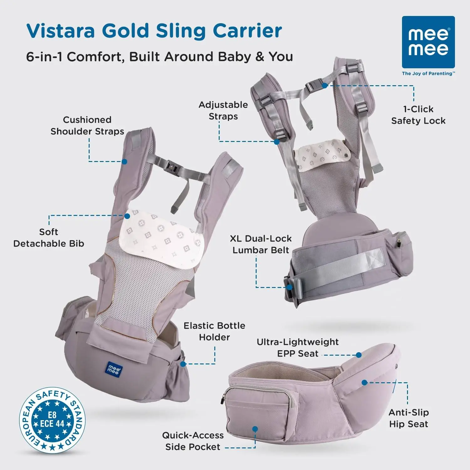 Mee Mee Vistara Gold 6-in-1 Baby Sling Carrier with Hip Seat | Ergonomic Lumbar Support | Premium Gold Finish | Breathable Mesh Fabric | Adjustable & Secure for Newborns to Toddlers (Up to 15 kg, Darkgrey) view 2