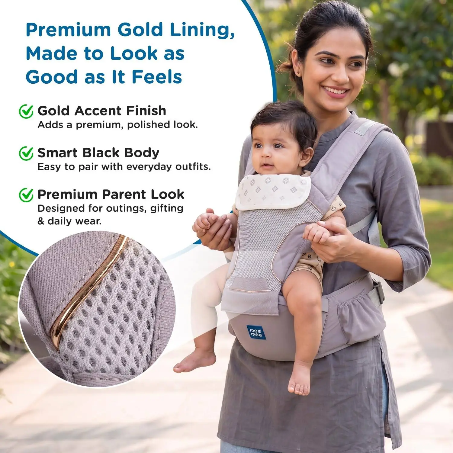 Mee Mee Vistara Gold 6-in-1 Baby Sling Carrier with Hip Seat | Ergonomic Lumbar Support | Premium Gold Finish | Breathable Mesh Fabric | Adjustable & Secure for Newborns to Toddlers (Up to 15 kg, Darkgrey) view 3