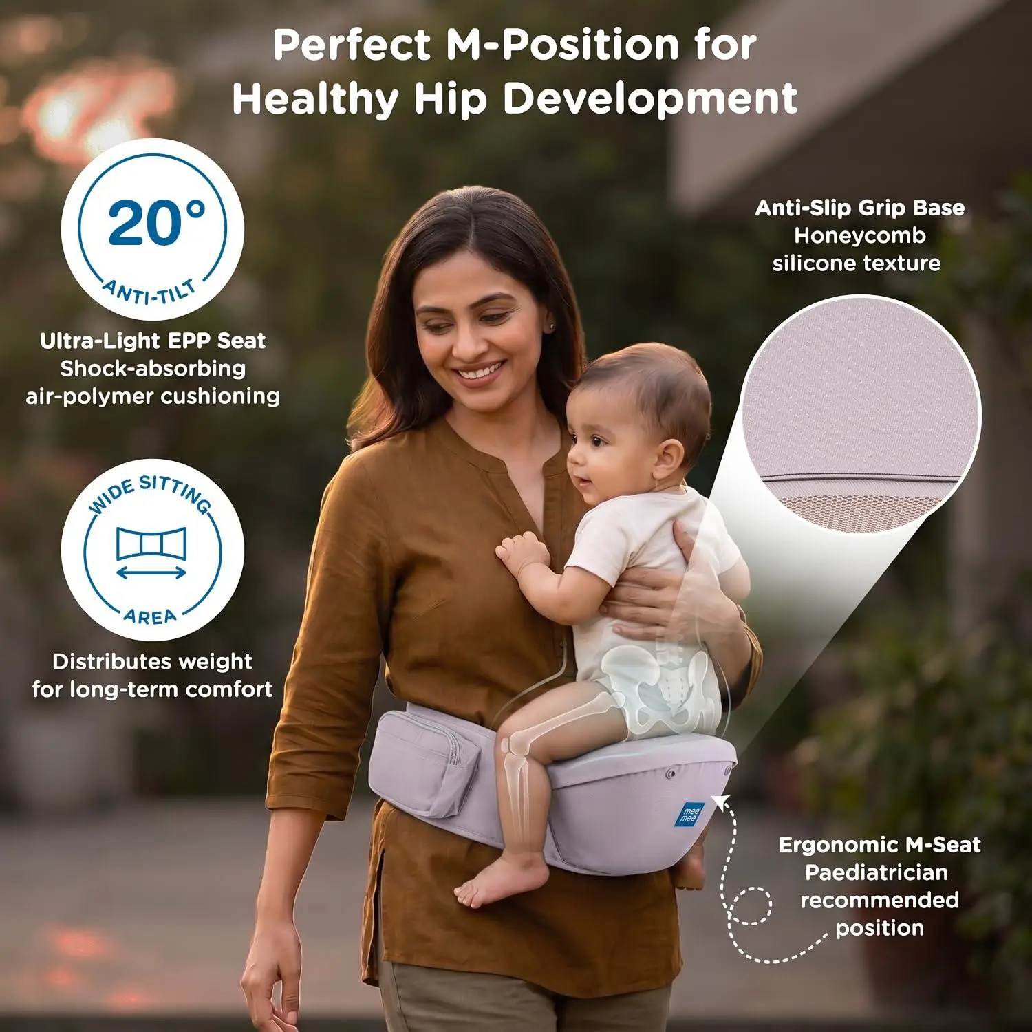 Mee Mee Vistara Gold 6-in-1 Baby Sling Carrier with Hip Seat | Ergonomic Lumbar Support | Premium Gold Finish | Breathable Mesh Fabric | Adjustable & Secure for Newborns to Toddlers (Up to 15 kg, Darkgrey) view 4