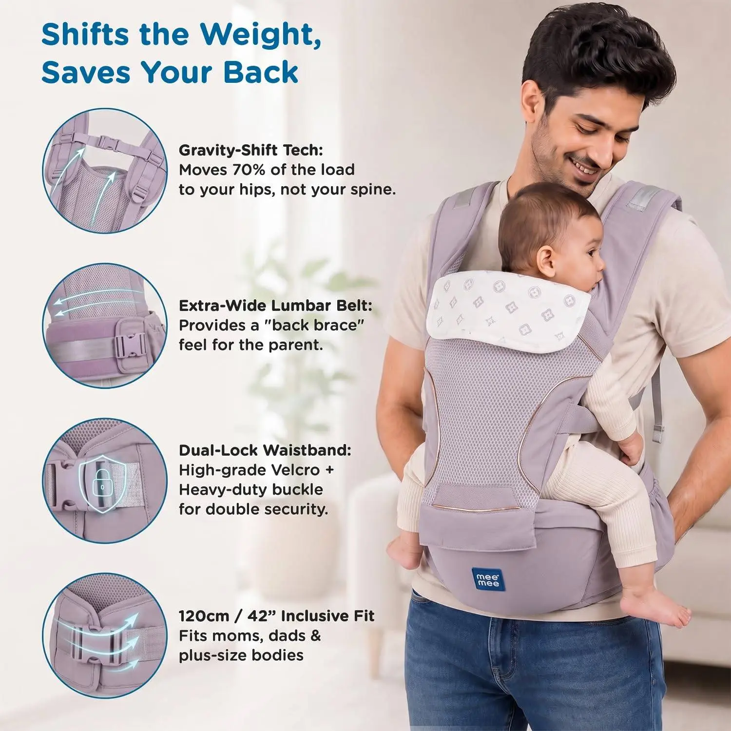 Mee Mee Vistara Gold 6-in-1 Baby Sling Carrier with Hip Seat | Ergonomic Lumbar Support | Premium Gold Finish | Breathable Mesh Fabric | Adjustable & Secure for Newborns to Toddlers (Up to 15 kg, Darkgrey) view 5