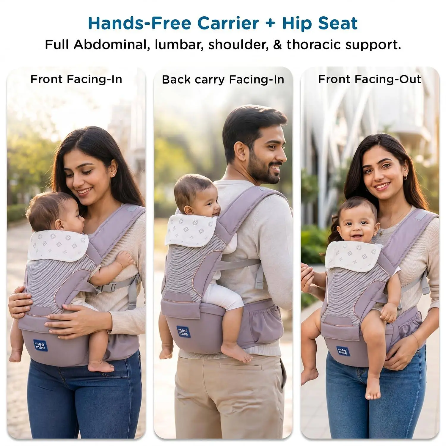 Mee Mee Vistara Gold 6-in-1 Baby Sling Carrier with Hip Seat | Ergonomic Lumbar Support | Premium Gold Finish | Breathable Mesh Fabric | Adjustable & Secure for Newborns to Toddlers (Up to 15 kg, Darkgrey) view 7