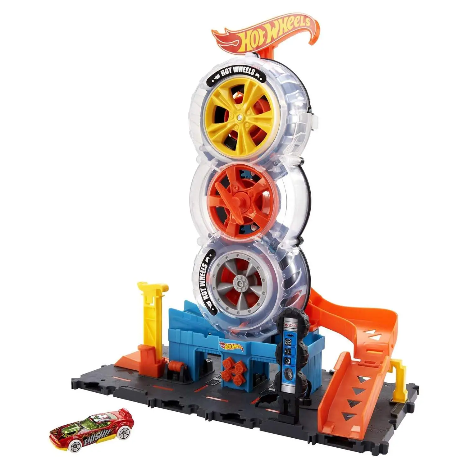 Hot Wheels City Super Twist Tire Shop™ Playset, Spin The Key to Make Cars Travel Through The Tires, Includes 1 Hot Wheels® Car, Gift for Kids 4 to 8 Years Old