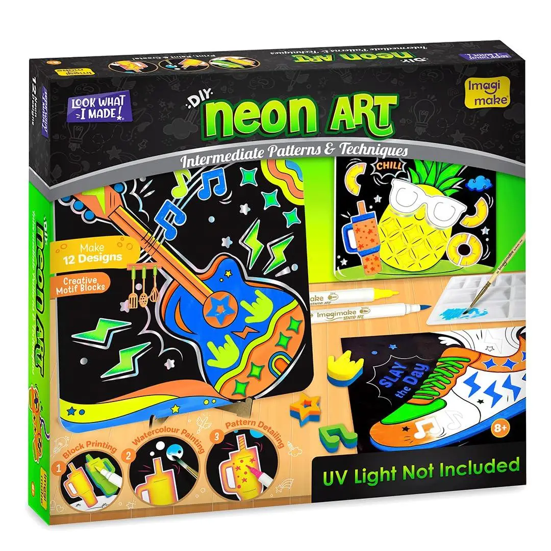 Imagimake DIY Neon Art Kit |Painting & Coloring Kit with Neon Brush Pens & Stamps| Mess Free Art & Craft kit for Kids 8-12 | Gift for Girls & Boys Ages 8,9,10,11,12