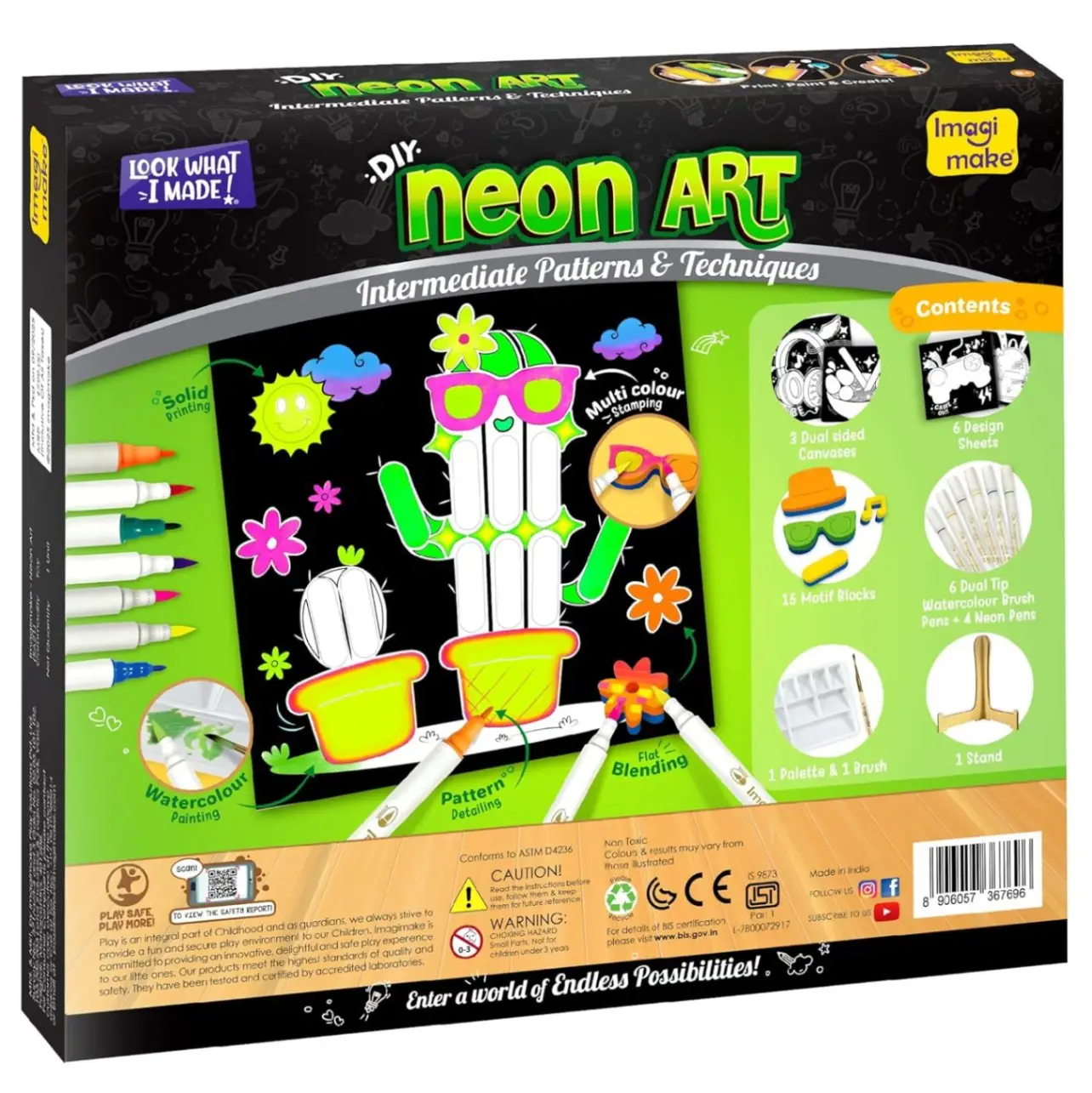 Imagimake DIY Neon Art Kit |Painting & Coloring Kit with Neon Brush Pens & Stamps| Mess Free Art & Craft kit for Kids 8-12 | Gift for Girls & Boys Ages 8,9,10,11,12 view 4