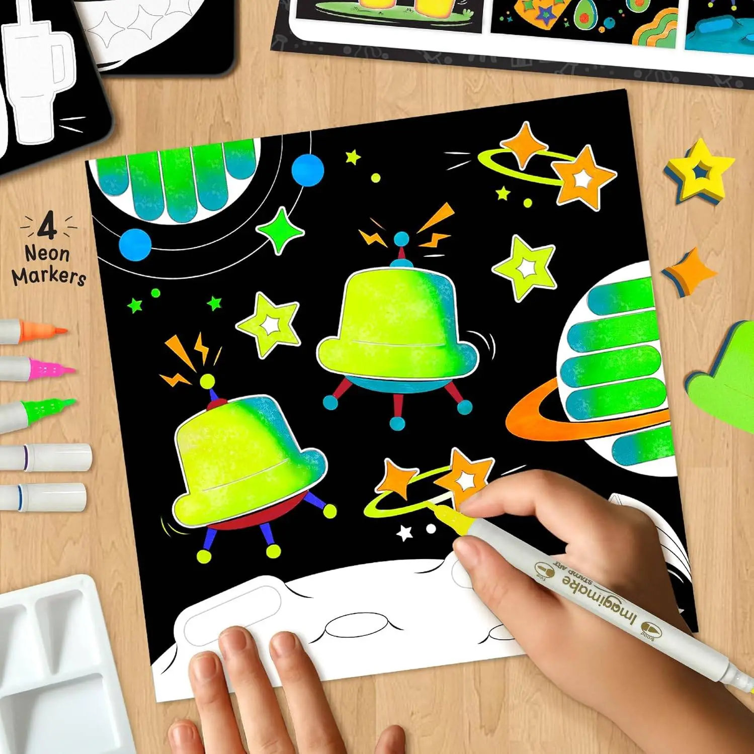Imagimake DIY Neon Art Kit |Painting & Coloring Kit with Neon Brush Pens & Stamps| Mess Free Art & Craft kit for Kids 8-12 | Gift for Girls & Boys Ages 8,9,10,11,12 view 6