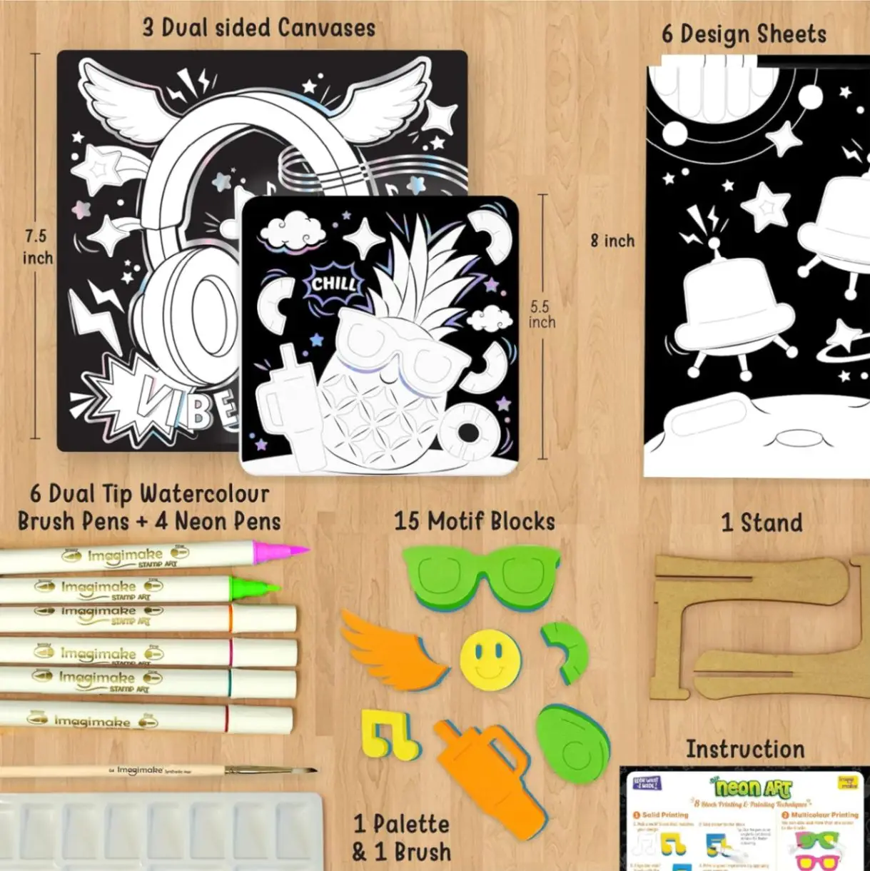 Imagimake DIY Neon Art Kit |Painting & Coloring Kit with Neon Brush Pens & Stamps| Mess Free Art & Craft kit for Kids 8-12 | Gift for Girls & Boys Ages 8,9,10,11,12 view 7