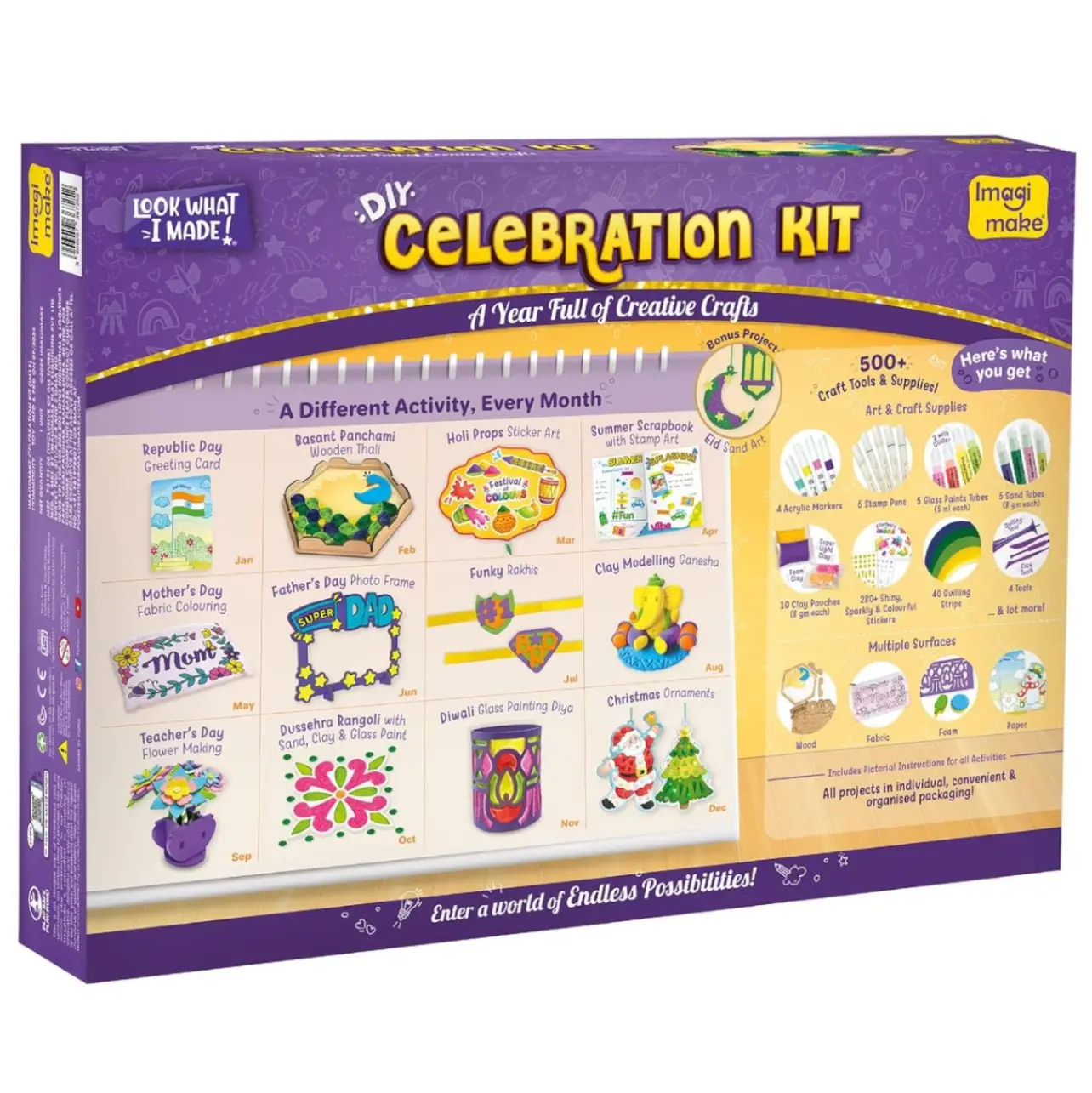 Imagimake Celebration Kit – 13 Festival Craft Projects for Kids Ages 5–12 | One Activity Every Month | Republic Day, Holi, Rakhi, Diwali, Christmas & More | 500+ Art & Craft Supplies | Best Festival & Birthday Gift for Boys and Girls view 6