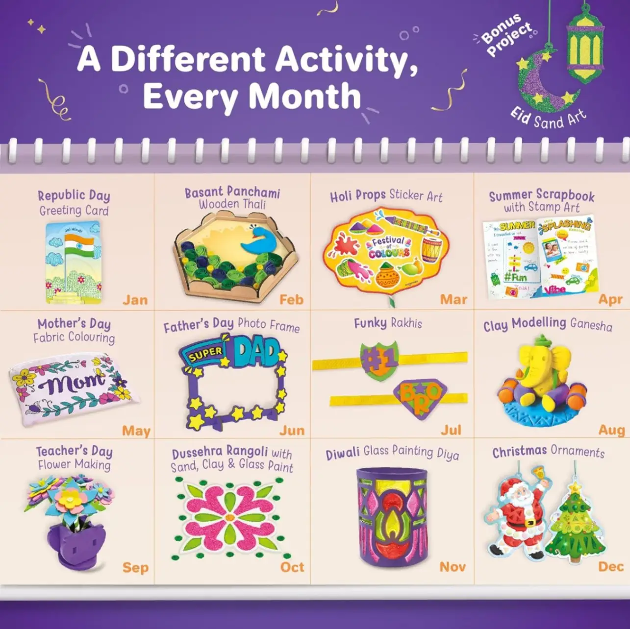 Imagimake Celebration Kit – 13 Festival Craft Projects for Kids Ages 5–12 | One Activity Every Month | Republic Day, Holi, Rakhi, Diwali, Christmas & More | 500+ Art & Craft Supplies | Best Festival & Birthday Gift for Boys and Girls view 7