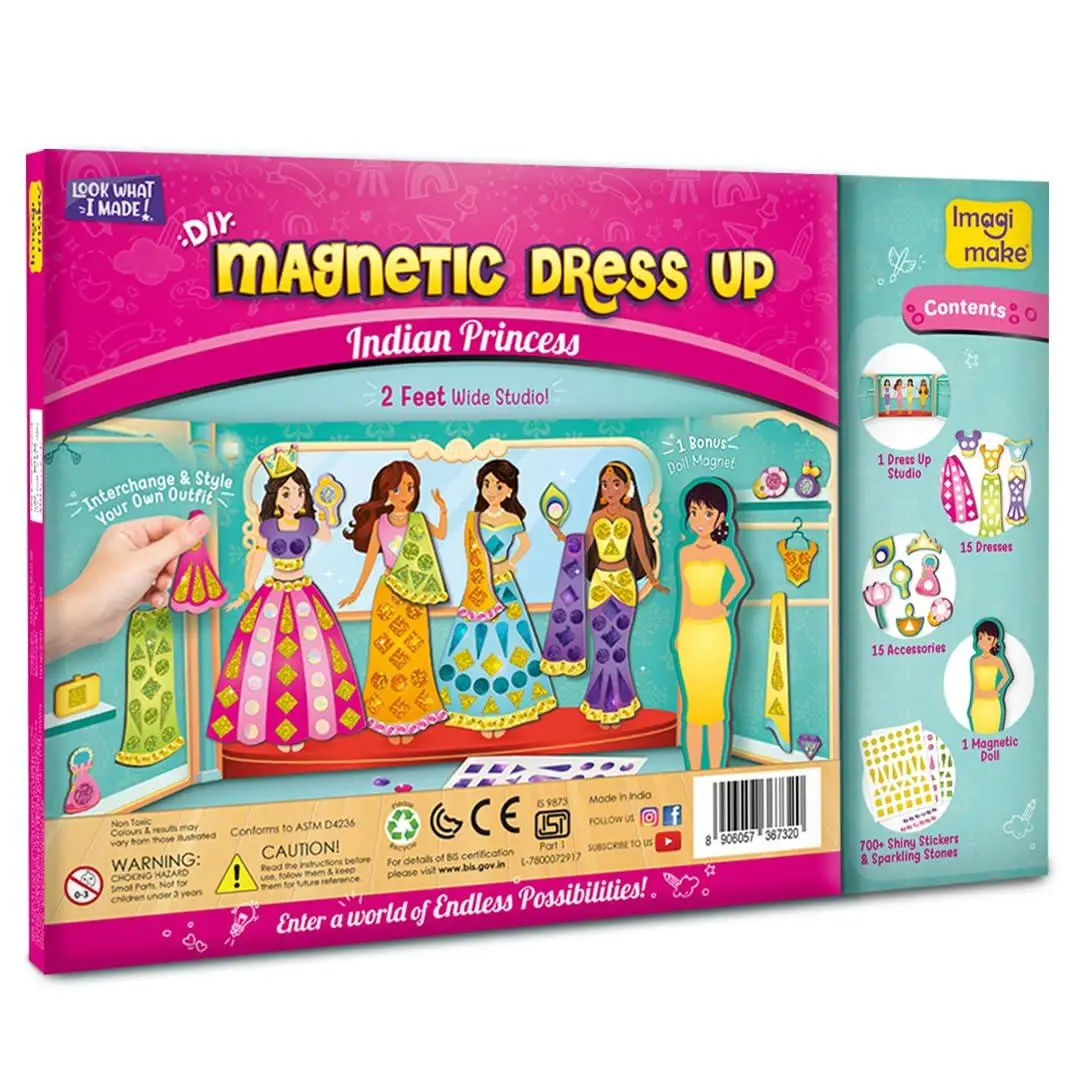 Imagimake DIY Magnetic Dress-Up Indian Princess |Pretend Play Toys for Girls|30 Magnetic Dresses & Accessories|Interchange & Create Unlimited Outfits|Birthday Gift for Girls Ages 3,4,5,6,7,Multicolour view 2