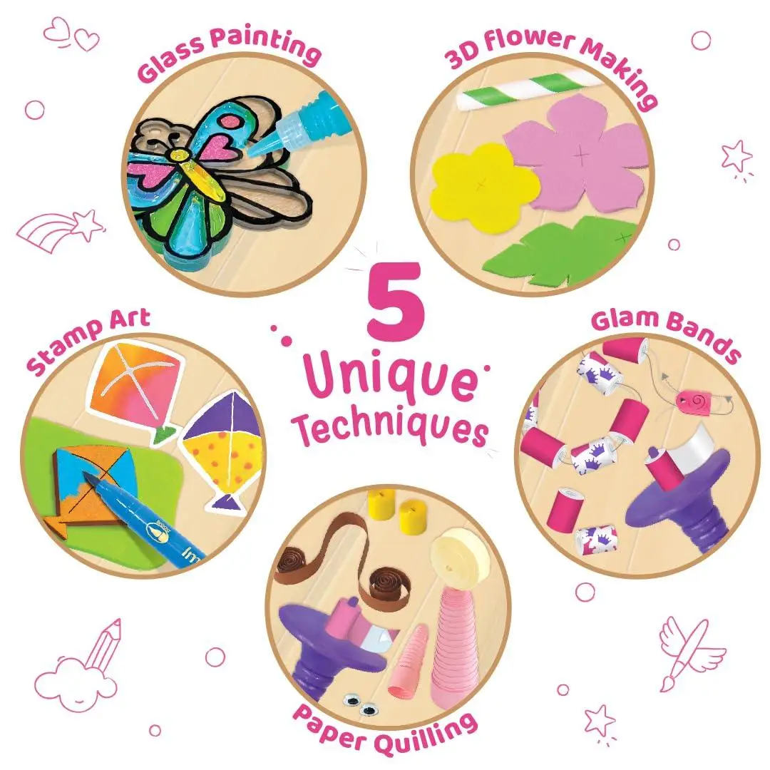 Imagimake Fabulous Craft Kit 5-in-1 Arts & Crafts Set for Kids Glass Painting, Paper Quilling, Stamp Art & More Fun DIY Gift for Girls Ages 5-9 view 3