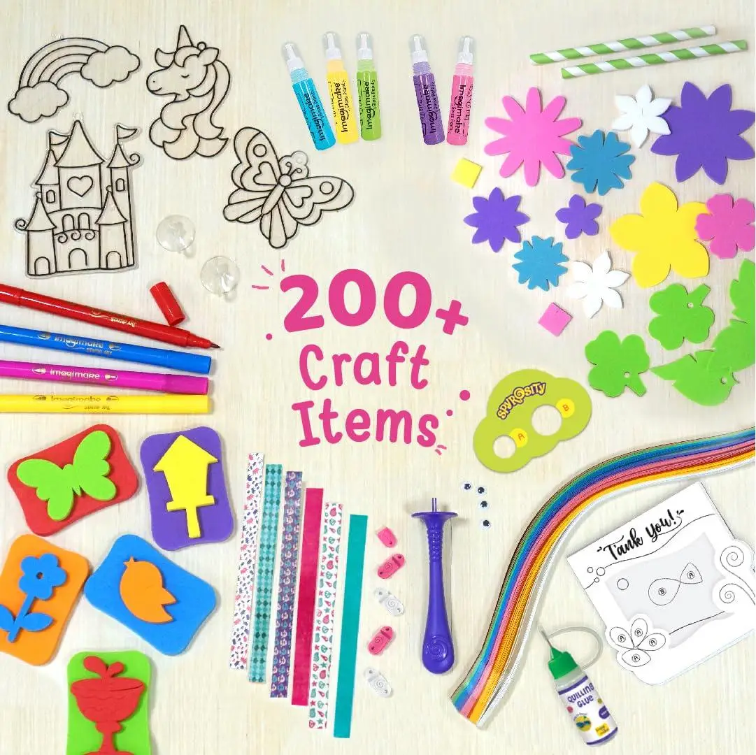 Imagimake Fabulous Craft Kit 5-in-1 Arts & Crafts Set for Kids Glass Painting, Paper Quilling, Stamp Art & More Fun DIY Gift for Girls Ages 5-9 view 8