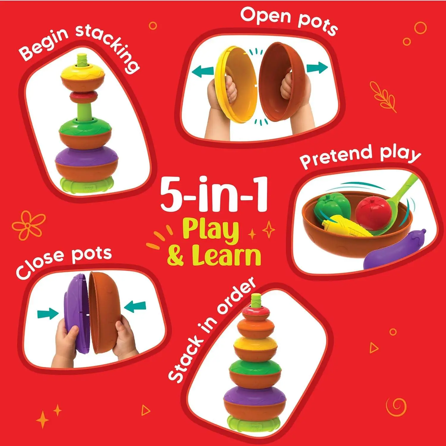 Imagimake Stacking Pots Toys | Leaps & Bounds Baby Toys for 12+ Months | Educational Toy for Toddlers, Infants |5-in-1 Play & Learn | Stacking, Nesting, Pretend Play | Gift for Kids 1+Year Old view 5