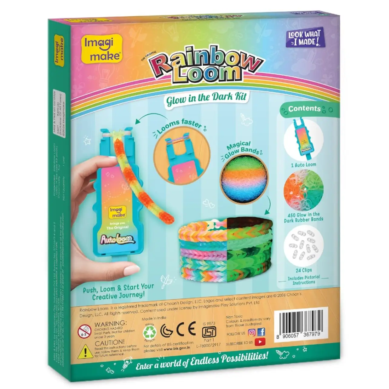 Imagimake Rainbow Loom Glow in the Dark Kit | Bracelet Making kit with 450+ Bands & Clips | Auto Loom Tool |DIY Art & Craft Kit |Travel Toys | Creative Gift for Girls Age 7+ view 6