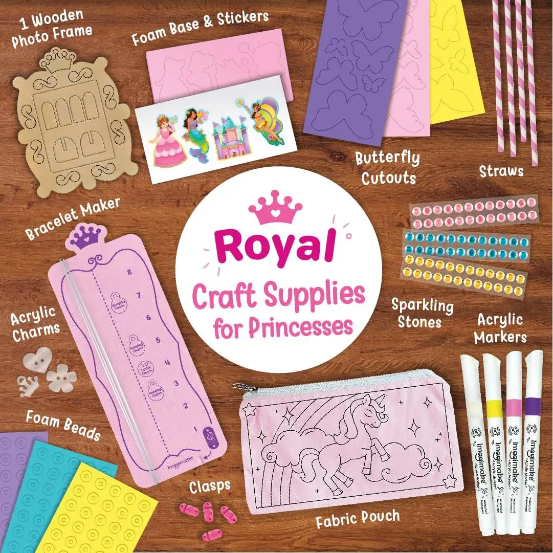 Click to see full view Imagimake Princess Craft Kit | 10 Mess-Free Activities | DIY Flat Bead Bracelets, Unicorn Pouch, Butterfly Wands & Photo Frame | 400+ Craft Supplies | Birthday Gift for Girls | Art Kit for Kids 6-12 view 3