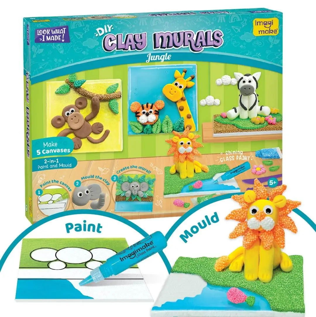 Imagimake Clay Murals - Jungle - Modelling Clay & Glass Paint - 5 Designs - Art & Craft Kit - Age 5 Years+, Multicolor